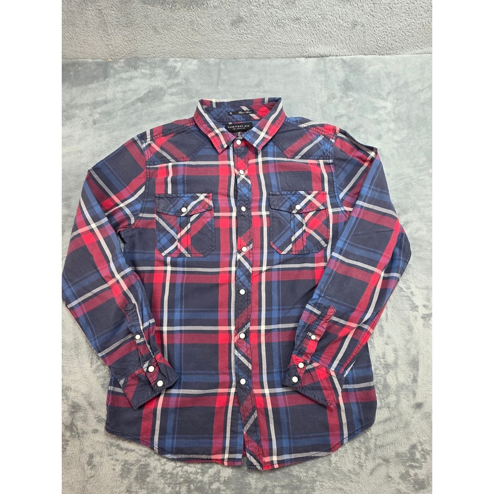 Twenty One Men Plaid Western Pearl Snap Shirt Mens Large Fitted Red Navy Blue